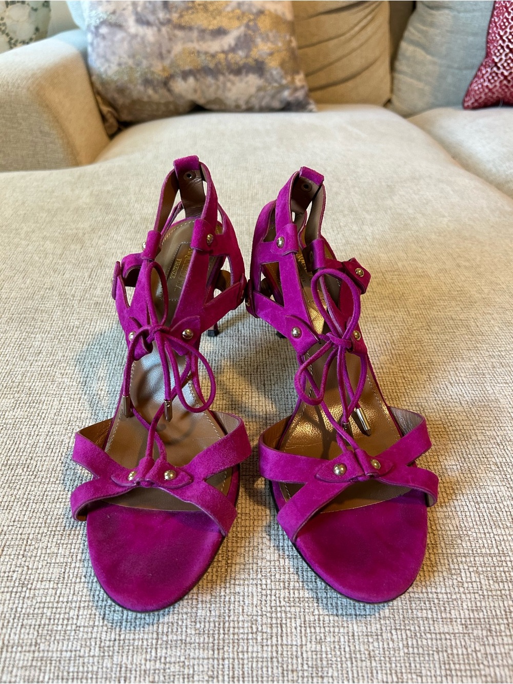 Aquazzura Fuchsia Suede Lace-Up High Heel Sandals